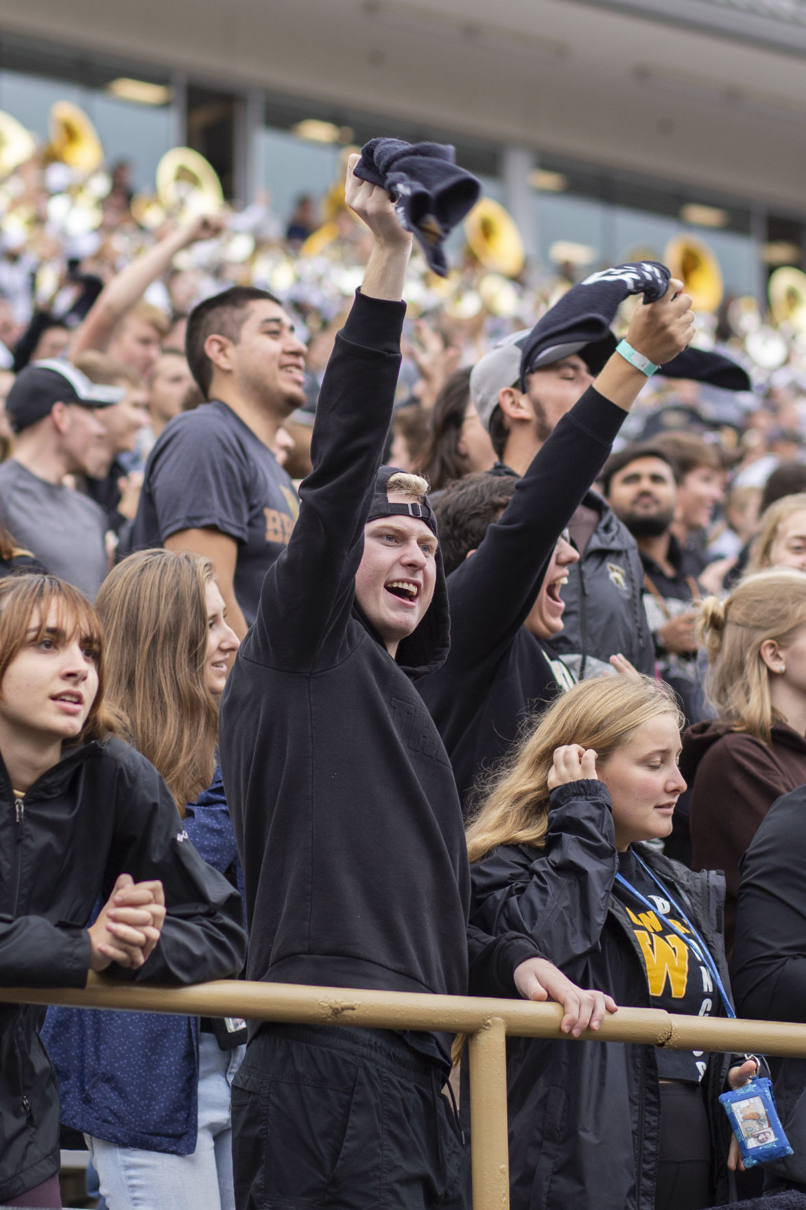 A fan celebrates a Western Michigan first down in the student section at Waldo Stadium, Saturday Sept. 28, 2019.